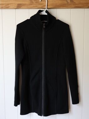 Athleta Merino Wool Black Zip-Front Trench Coat with Stand Collar